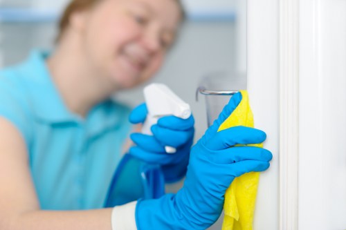A local cleaner working on office windows in Docklands