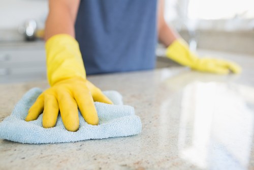 Professional cleaners maintaining a Docklands meeting room and shared office spaces